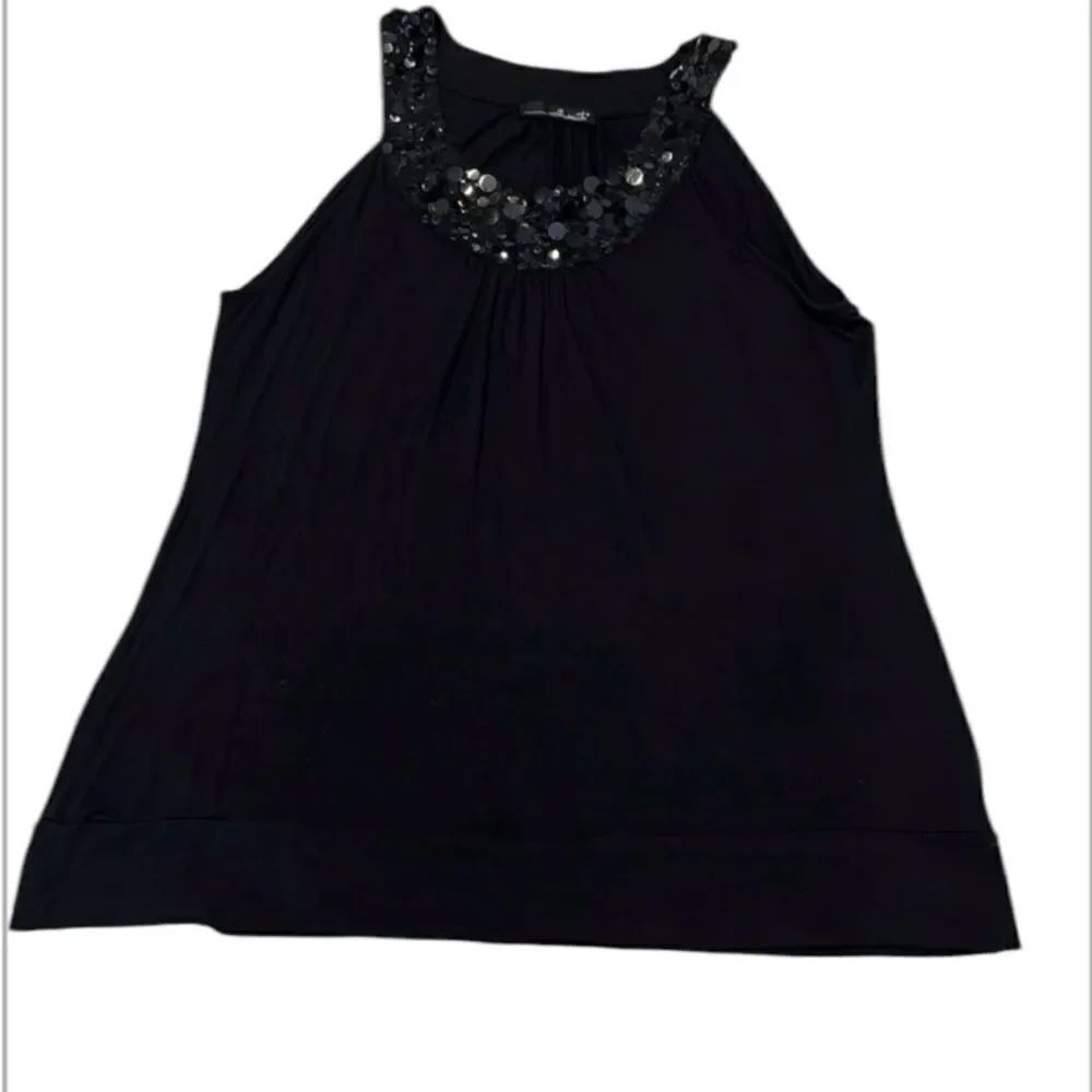 Willi Smith szS black sleeveless top with bling around neck & band on bottom EUC